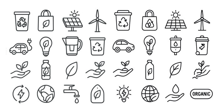 Collection of icons for environmental issues. The icons include a car, a light bulb, a bottle, a cup, a tree, a house, a person, a globe, a sun, a windmill, a trash can