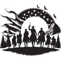 Silhouette of a Cowboy on Horseback at Sunset

Western Cowboy Silhouette Against Dramatic Sky

Cowboy Riding Horse – Vintage Wild West Silhouette

Lone Cowboy Silhouette with Hat and Lasso


