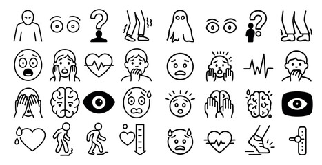 Fototapeta premium Collection of emoticons and faces, including a heart, a skull, and a ghost. Scene is one of confusion and uncertainty, as the faces and emoticons are all over the page