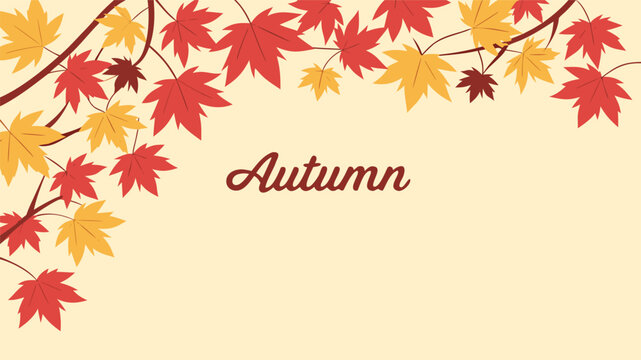 Beautifully illustrated autumn scene featuring vibrant red and yellow maple leaves adorning tree branches against a soft cream background with the word autumn elegantly scripted - Powered by Adobe