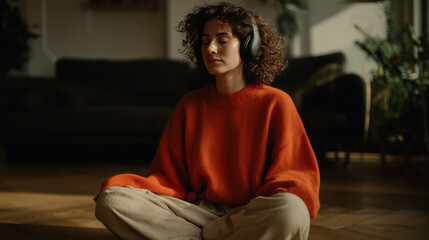Woman meditating in a cozy living room, sitting cross-legged on the floor with headphones, practicing mindfulness