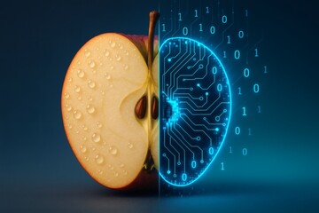 Apple half with circuit board technology concept for digital health and artificial intelligence ai tech