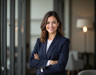 Confident young caucasian female professional in business suit smiling indoors