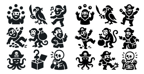 Set of black and white icons of pirates and other sea creatures. The icons are of various sizes and shapes, and some of them are holding objects like a skull, a box, a bag, and a knife