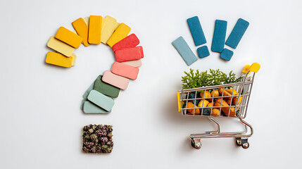 Colorful question mark and shopping cart with greenery and stones image