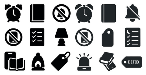 Collection of black and white icons, including a clock, a book, a lamp, a phone, a tag, a book, a book, a book, a book, a book, a book, a book, a book, a book