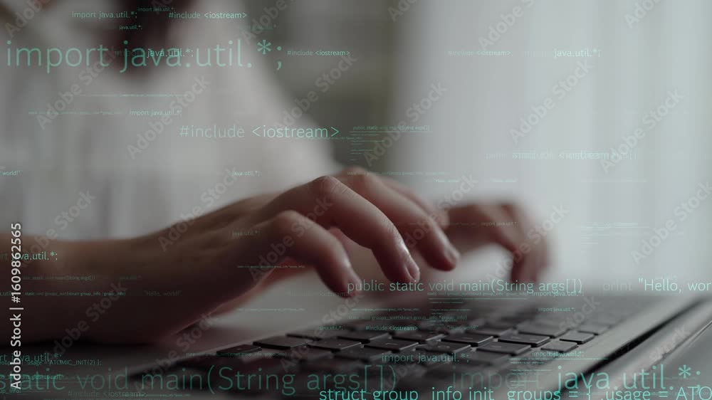 Poster a focused individual types on a laptop keyboard, surrounded by digital code and data, representing m
