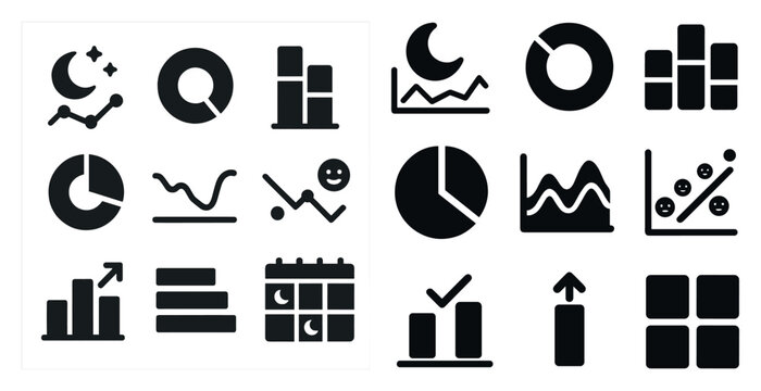Collection of graphs and charts in black and white. The graphs are arranged in a grid and include a pie chart, a line graph, a bar graph, and a scatter plot. Scene is professional and analytical