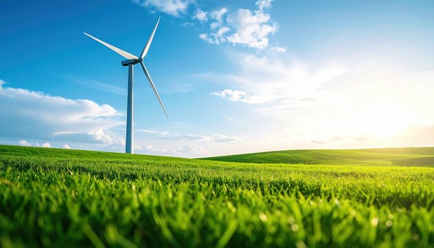 Wind turbine stands tall in a vibrant green field under a bright blue sky
