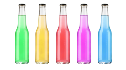Five colorful glass bottles of soda pop with black caps on white background