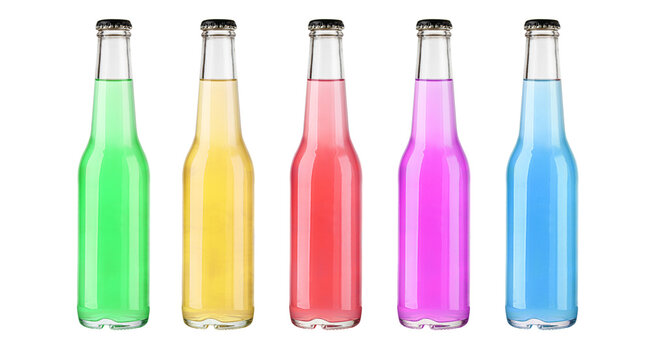 Five colorful glass bottles of soda pop with black caps on white background