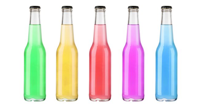 Five colorful glass bottles of soda pop with black caps on white background
