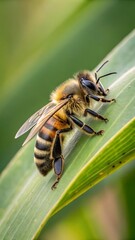 Fuzzy honeybee on green leaf insect striped