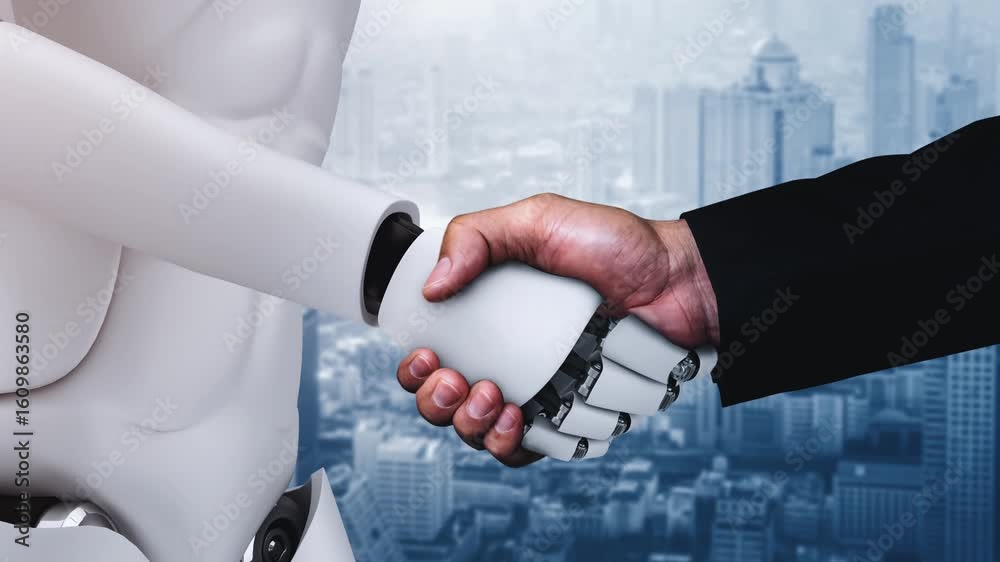 Poster 3d rendering hominoid robot handshake to collaborate future technology development by ai thinking br