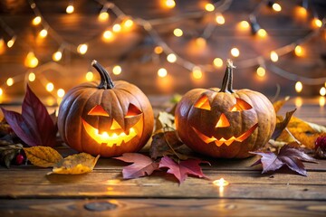 Fototapeta premium Two carved pumpkins with glowing faces sit on a wooden surface with festive lights