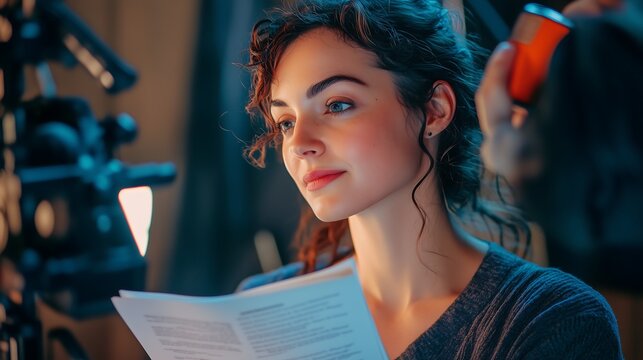 A thoughtful young Caucasian woman, actress reading a script at a film set, surrounded by camera equipment.