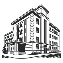 Black and White silhouette Cartoon Hospital Illustration with Trees and Green Lawn Detailed Architectural Design and Playful Elements