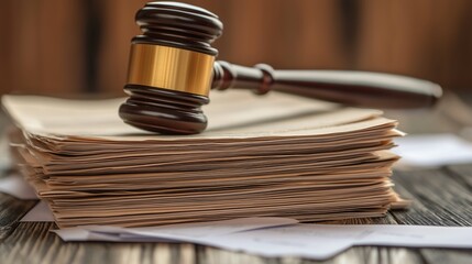 A wooden gavel resting atop a stack of legal documents, symbolizing justice and the legal system.