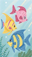 Naklejka premium Three colorful fish swimming underwater tropical blue