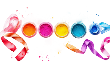 Flat lay of colorful DIY Holi invitation card making with vibrant festive elements isolated on transparent background PNG