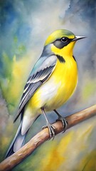 Obraz premium Yellow bird perched on branch blue gray