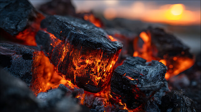 Glowing embers of burning charcoal briquettes with fiery orange glow fire heat