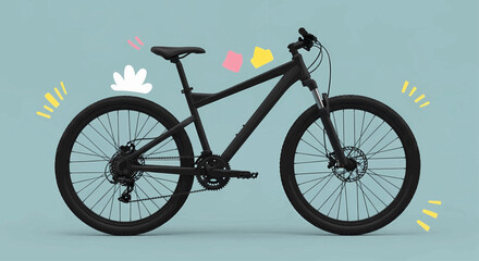 Fototapeta premium Creative concept of an active lifestyle with a modern black mountain bike and fun hand-drawn graphic elements on a blue background.