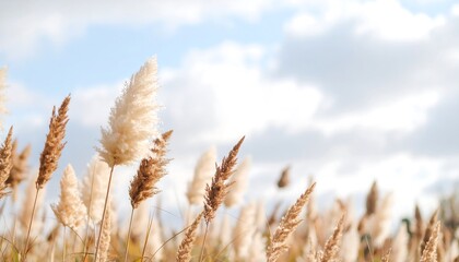 Fototapeta premium Wild grasses and seed heads dance in the autumn breeze beneath a soft cloudy sky in a tranquil landscape