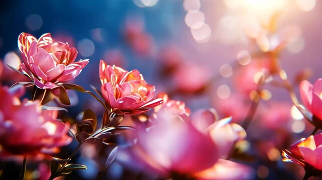 surreal flower beautiful pink crystal  flower field with sparkle shiny light