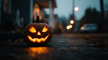 Glowing jack o lantern on wet street at dusk with bokeh lights carved pumpkin orange