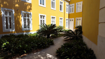 Courtyard Garden with Yellow Buildings and Lush Greenery