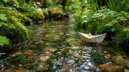 Paper boat drifts in a puddle on wet pavement, capturing a quiet, dreamlike moment in natural light.