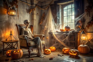 Obraz premium A skeleton sits in a chair in a dimly lit room decorated for halloween with pumpkins and cobwebs