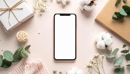 Elegant Composition Featuring a Blank Smartphone, Gifts, and Natural Elements