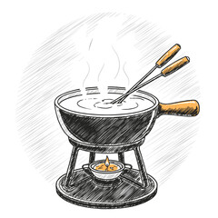 Black and white illustration of cheese fondue isolated on white background