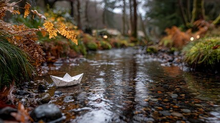 Fototapeta premium Paper craft boat floating in clear puddle water, with soft reflections and a peaceful, storybook atmosphere.
