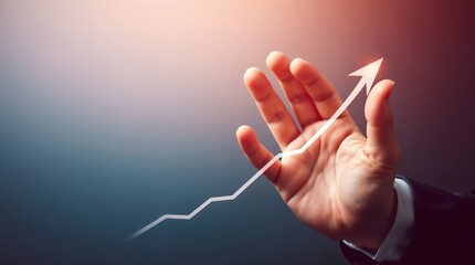 Hand growth arrow symbol business up background of success graph financial profit diagram or growing economy investment income target and goal
