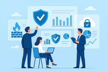 a business team analyzing cybersecurity dashboards, with graphs, shield icons, and cloud security features on large transparent screens