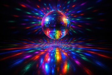 Dynamic disco ball with rainbow light projections creating spectacular prismatic patterns across reflective dance floor