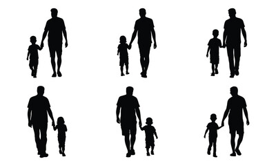 Silhouettes of a father and son walking hand in hand isolated on white background depict family