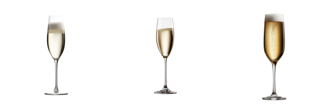 Three champagne flutes filled with sparkling golden champagne, each showing varying levels of bubbles and foam.