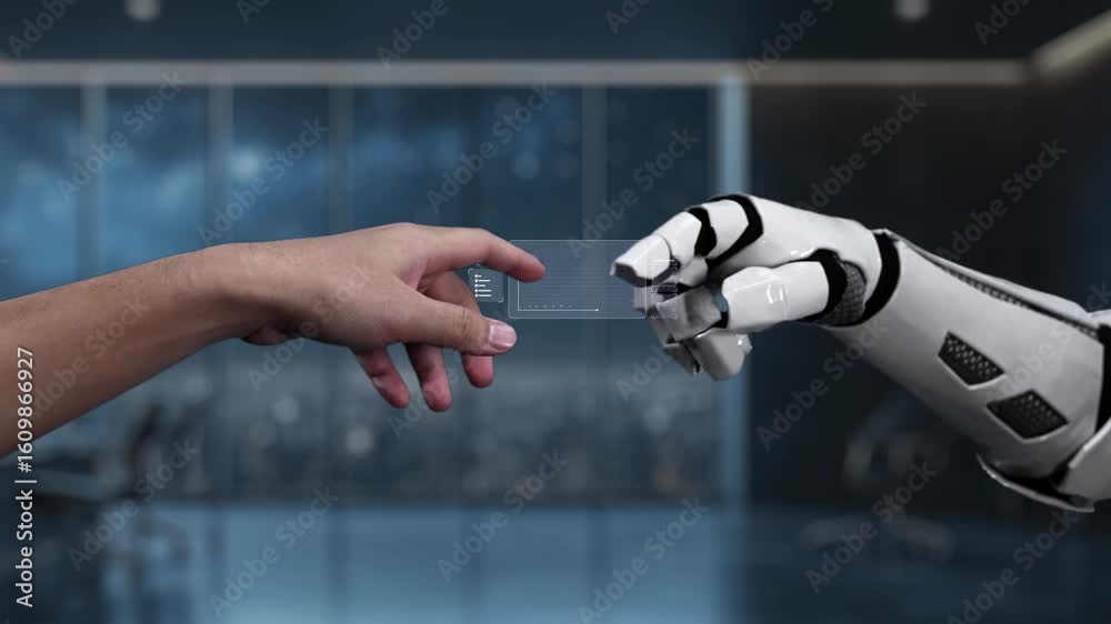 Poster a human hand reaching out to a robotic hand over a transparent touchscreen displaying dynamic graphs