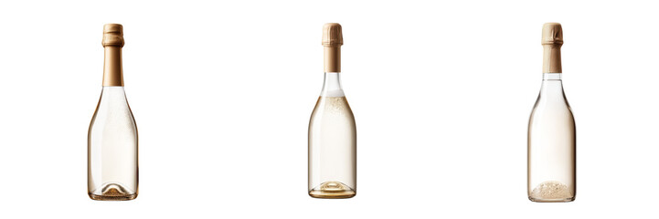 Three empty champagne bottles with corks, shown from the front on a black background.