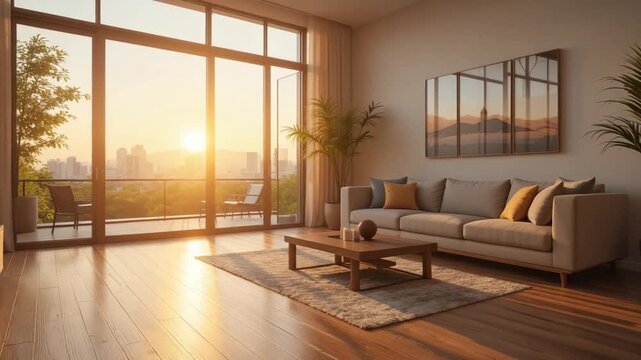 Serene Sunrise: Modern Apartment Living Room with City View.