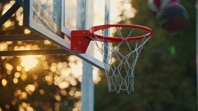 Several basketballs soaring into a metal hoop from different angles during sunset. Side low-angle shot, warm evening light &mdash; dynamic motion, street sport, focus, and practice vibes.