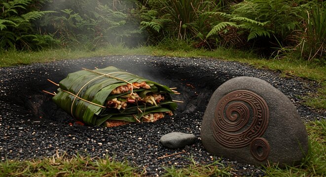 Earth Oven: Traditional Maori hangi cooking method with a rustic stone carving, offering a glimpse into the rich cultural traditions, capturing the essence of the cultural connection to the land.