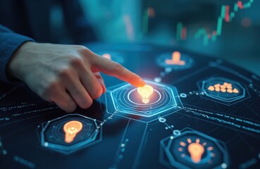 Obraz premium Hand interacts with glowing icons on futuristic digital interface. Icons represent creative thinking, global strategies, goal-oriented actions within technology framework. Represents innovation,