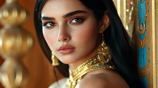elegance pretty Indian princess wearing gold necklace at luxurious mansion