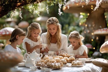 Enjoying a whimsical tea party surrounded by enchanting mushrooms and greenery