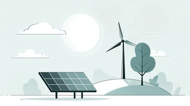 Renewable energie source wind turine and photovoltaic panel illustrated AI Animation video